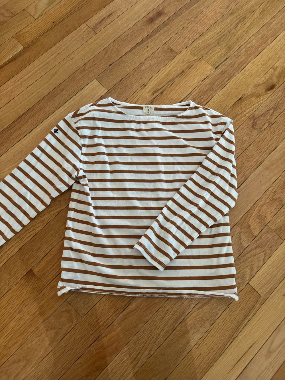 Marea Breton-Stripe Long Sleeve Tee in White & Brown